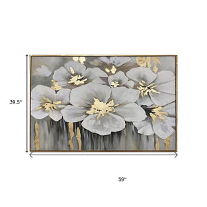 Homeroots White Blossoms Gold Framed Oil Painting - Hand-painted Modern Art For Stylish Wall Décor 39.5"X59"  Canvas 618562