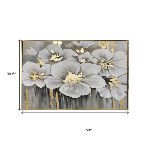 Homeroots White Blossoms Gold Framed Oil Painting - Hand-painted Modern Art For Stylish Wall Décor 39.5"X59"  Canvas 618562