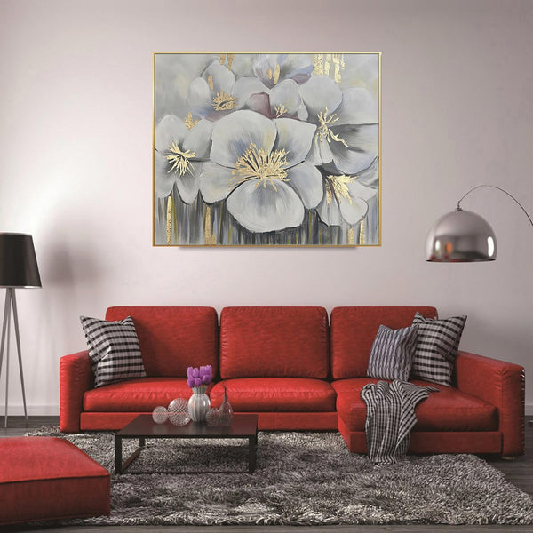 Homeroots White Blossoms Gold Framed Oil Painting - Hand-painted Modern Art For Stylish Wall Décor 39.5"X59"  Canvas 618562