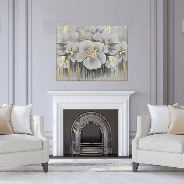 Homeroots White Blossoms Gold Framed Oil Painting - Hand-painted Modern Art For Stylish Wall Décor 39.5"X59"  Canvas 618562