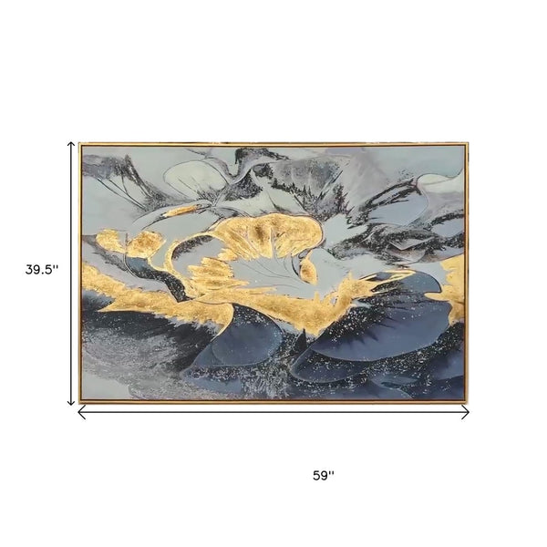 Homeroots Blue Modern Abstract Oil Painting - Hand-painted Gold Framed Wall Art For Trendy Home Decor  Canvas 618563