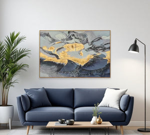 Homeroots Blue Modern Abstract Oil Painting - Hand-painted Gold Framed Wall Art For Trendy Home Decor  Canvas 618563