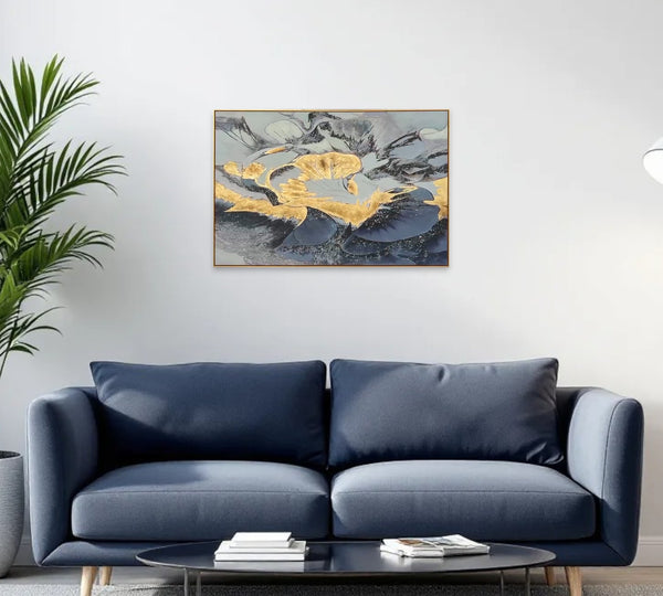 Homeroots Blue Modern Abstract Gold Framed Wall Art – Hand-painted Canvas For Stylish Home Décor & Elegance  Canvas 618565