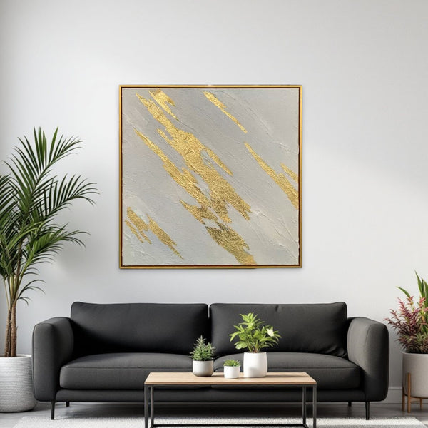 Homeroots White Luminous Streaks Gold Framed Hand-painted Oil Painting Wall Art For Trendy Home Décor  Canvas 618566