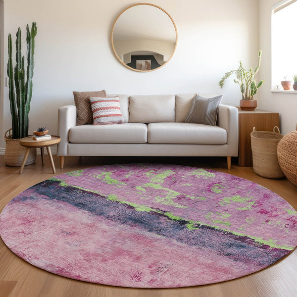 HomeRoots 5' Modern Blush and Mint Green Abstract Area Rug - Durable, Washable Design for Indoors and Outdoors 8' Round 618597