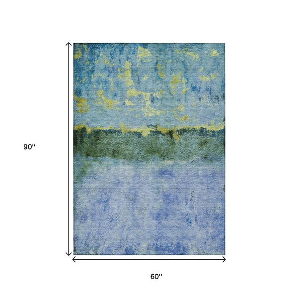 HomeRoots 5' Vibrant Blue and Lime Green Abstract Washable Area Rug for Stylish Indoor and Outdoor Spaces 5' X 8' 618602