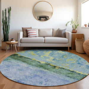 HomeRoots 5' Vibrant Blue and Lime Green Abstract Washable Area Rug for Stylish Indoor and Outdoor Spaces 8' Round 618603