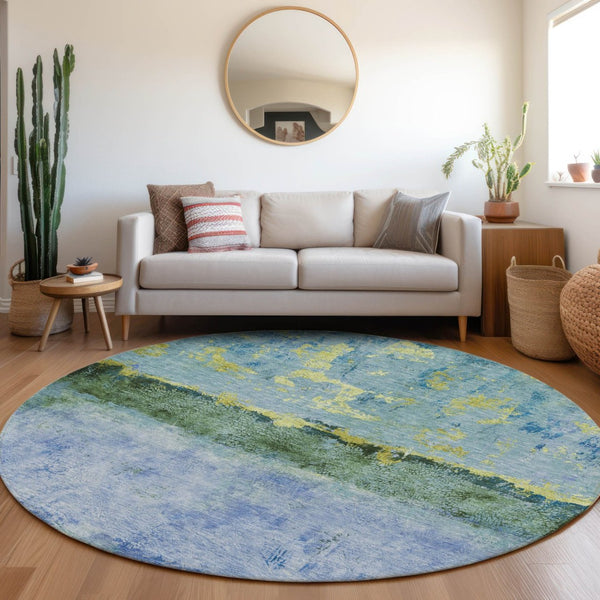 HomeRoots 5' Vibrant Blue and Lime Green Abstract Washable Area Rug for Stylish Indoor and Outdoor Spaces 8' Round 618603