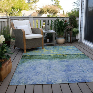 HomeRoots 5' Vibrant Blue and Lime Green Abstract Washable Area Rug for Stylish Indoor and Outdoor Spaces 10' X 14' 618606