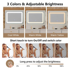 English Elm Modern Makeup Vanity Desk with LED 3-Color Mirror, Built-In Power Station, Sliding Cabinet, Stool White N844P288432A