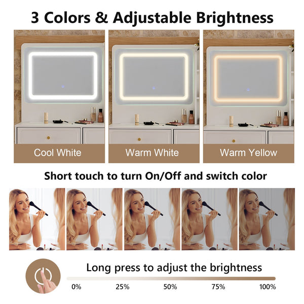 English Elm Modern Makeup Vanity Desk with LED 3-Color Mirror, Built-In Power Station, Sliding Cabinet, Stool White N844P288432A