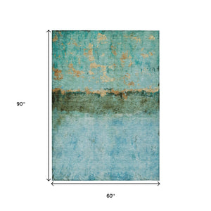 HomeRoots 5' Teal Blue and Gold Abstract Rug - Modern, Durable Indoor/Outdoor Design for Stylish Spaces 5' X 8' 618632