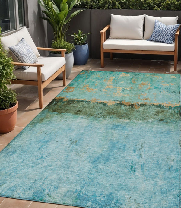 HomeRoots 5' Teal Blue and Gold Abstract Rug - Modern, Durable Indoor/Outdoor Design for Stylish Spaces 5' X 8' 618632
