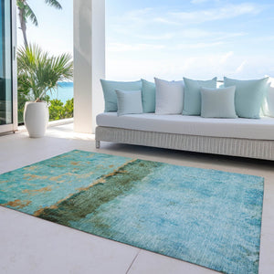 HomeRoots 5' Teal Blue and Gold Abstract Rug - Modern, Durable Indoor/Outdoor Design for Stylish Spaces 5' X 8' 618632