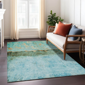 HomeRoots 5' Teal Blue and Gold Abstract Rug - Modern, Durable Indoor/Outdoor Design for Stylish Spaces 5' X 8' 618632