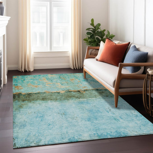 HomeRoots 5' Teal Blue and Gold Abstract Rug - Modern, Durable Indoor/Outdoor Design for Stylish Spaces 5' X 8' 618632