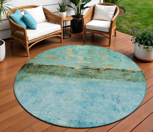 HomeRoots 5' Teal Blue and Gold Abstract Rug - Modern, Durable Indoor/Outdoor Design for Stylish Spaces 8' Round 618633