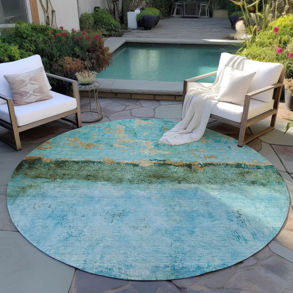 HomeRoots 5' Teal Blue and Gold Abstract Rug - Modern, Durable Indoor/Outdoor Design for Stylish Spaces 8' Round 618633
