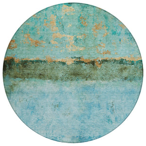 HomeRoots 5' Teal Blue and Gold Abstract Rug - Modern, Durable Indoor/Outdoor Design for Stylish Spaces 8' Round 618633