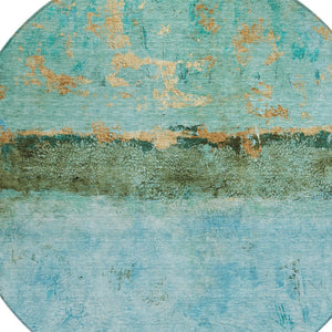 HomeRoots 5' Teal Blue and Gold Abstract Rug - Modern, Durable Indoor/Outdoor Design for Stylish Spaces 8' Round 618633