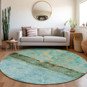 HomeRoots 5' Teal Blue and Gold Abstract Rug - Modern, Durable Indoor/Outdoor Design for Stylish Spaces 8' Round 618633