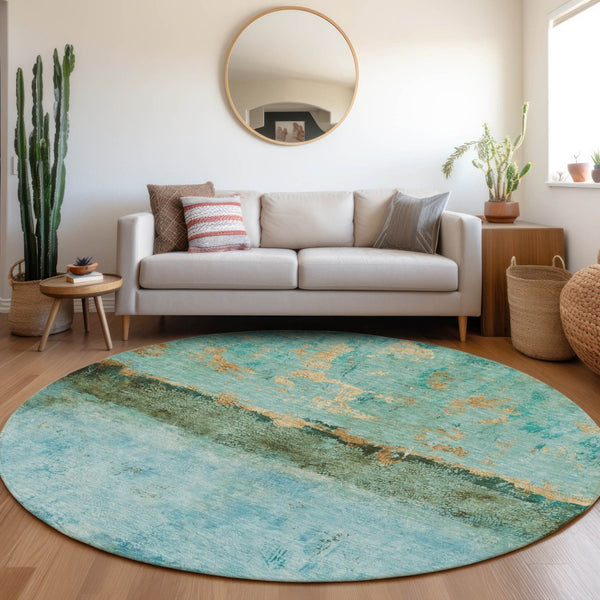 HomeRoots 5' Teal Blue and Gold Abstract Rug - Modern, Durable Indoor/Outdoor Design for Stylish Spaces 8' Round 618633
