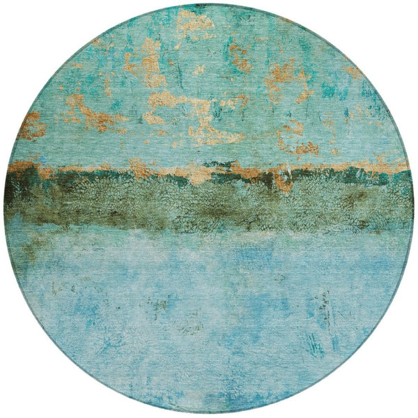 HomeRoots 5' Teal Blue and Gold Abstract Rug - Modern, Durable Indoor/Outdoor Design for Stylish Spaces 8' Round 618633