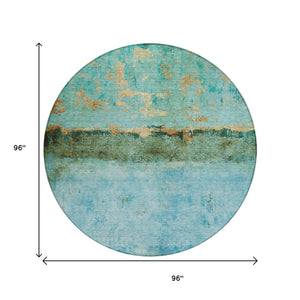 HomeRoots 5' Teal Blue and Gold Abstract Rug - Modern, Durable Indoor/Outdoor Design for Stylish Spaces 8' Round 618633