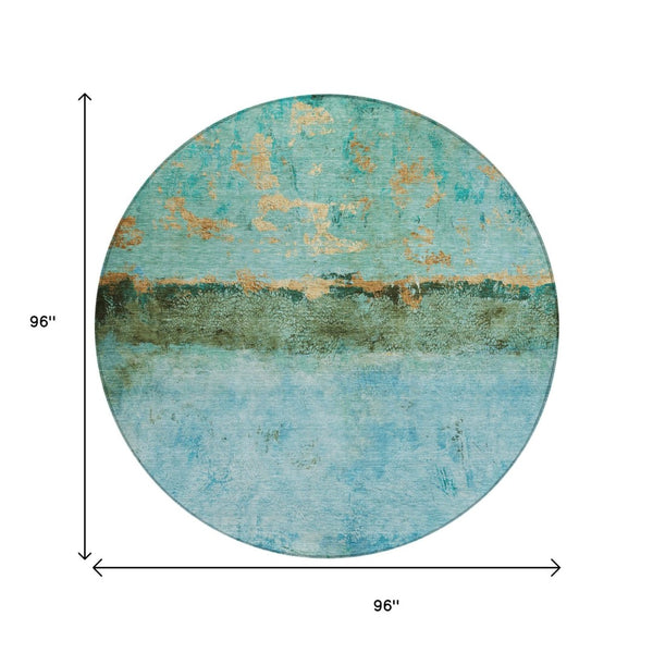 HomeRoots 5' Teal Blue and Gold Abstract Rug - Modern, Durable Indoor/Outdoor Design for Stylish Spaces 8' Round 618633