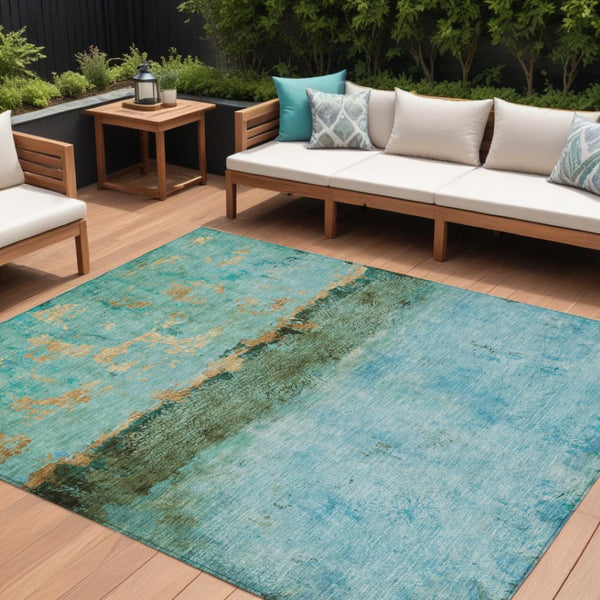 HomeRoots 5' Teal Blue and Gold Abstract Rug - Modern, Durable Indoor/Outdoor Design for Stylish Spaces 8' X 10' 618634
