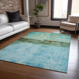 HomeRoots 5' Teal Blue and Gold Abstract Rug - Modern, Durable Indoor/Outdoor Design for Stylish Spaces 8' X 10' 618634