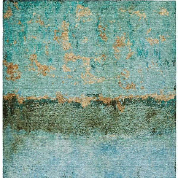 HomeRoots 5' Teal Blue and Gold Abstract Rug - Modern, Durable Indoor/Outdoor Design for Stylish Spaces 10' X 14' 618636