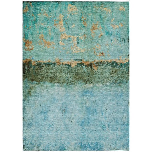 HomeRoots 5' Teal Blue and Gold Abstract Rug - Modern, Durable Indoor/Outdoor Design for Stylish Spaces 10' X 14' 618636