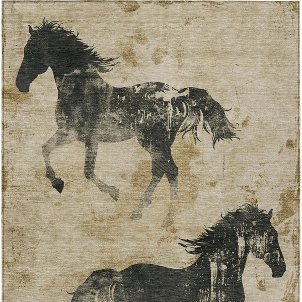 Homeroots 3' X 5' Horse Design Washable Area Rug - Stylish Indoor Outdoor Accent For Home & Patio Spaces Beige Polyester 618637