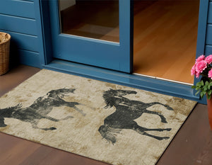Homeroots 3' X 5' Horse Design Washable Area Rug - Stylish Indoor Outdoor Accent For Home & Patio Spaces Beige Polyester 618637