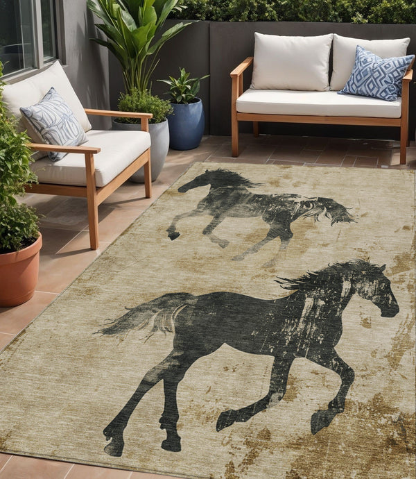 Homeroots 3' X 5' Horse Design Washable Area Rug - Stylish Indoor Outdoor Accent For Home & Patio Spaces Beige Polyester 618638
