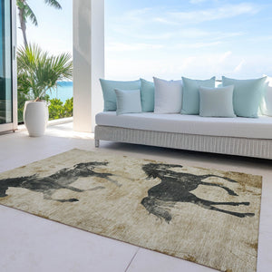 Homeroots 3' X 5' Horse Design Washable Area Rug - Stylish Indoor Outdoor Accent For Home & Patio Spaces Beige Polyester 618638