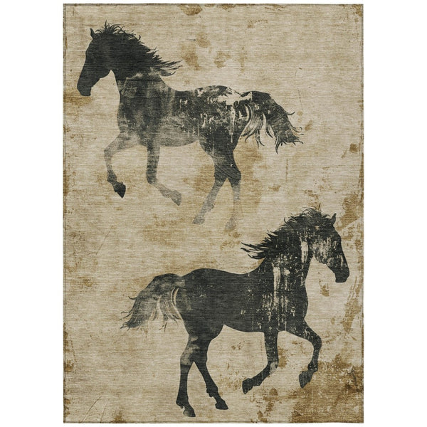 HomeRoots 5' Stylish Beige and Charcoal Horse Washable Rug for Indoor & Outdoor Spaces – Durable & Easy-Care! 5' X 8' 618638