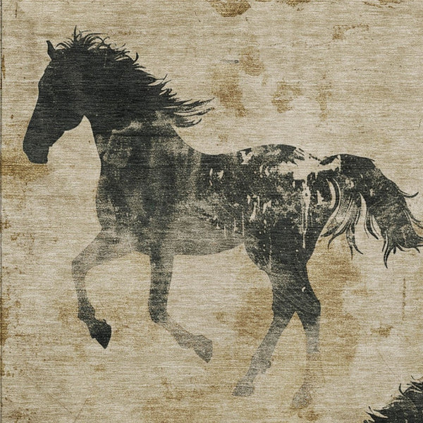 Homeroots 3' X 5' Horse Design Washable Area Rug - Stylish Indoor Outdoor Accent For Home & Patio Spaces Beige Polyester 618638