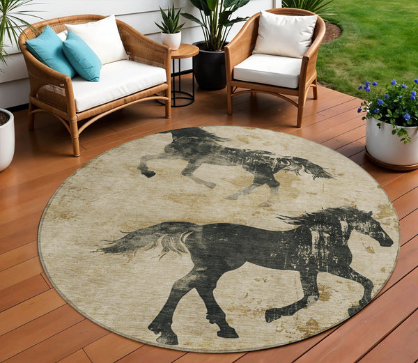 Homeroots 3' X 5' Horse Design Washable Area Rug - Stylish Indoor Outdoor Accent For Home & Patio Spaces Beige Polyester 618639