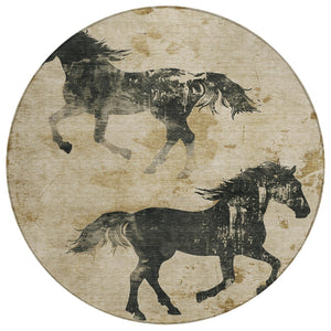 HomeRoots 5' Stylish Beige and Charcoal Horse Washable Rug for Indoor & Outdoor Spaces – Durable & Easy-Care! 8' Round 618639