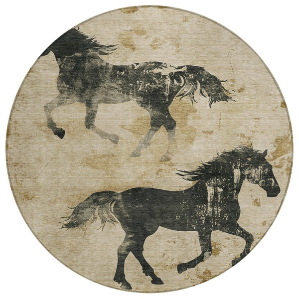 HomeRoots 5' Stylish Beige and Charcoal Horse Washable Rug for Indoor & Outdoor Spaces – Durable & Easy-Care! 8' Round 618639
