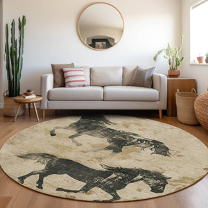 Homeroots 3' X 5' Horse Design Washable Area Rug - Stylish Indoor Outdoor Accent For Home & Patio Spaces Beige Polyester 618639