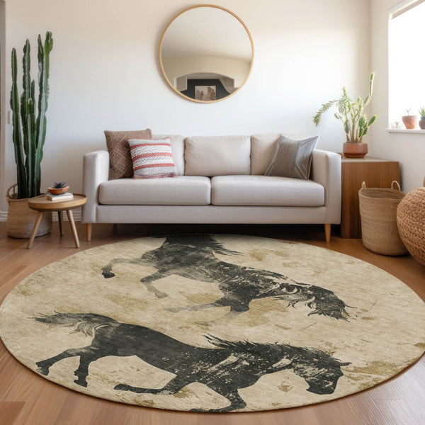 Homeroots 3' X 5' Horse Design Washable Area Rug - Stylish Indoor Outdoor Accent For Home & Patio Spaces Beige Polyester 618639