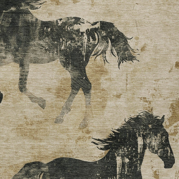 Homeroots 3' X 5' Horse Design Washable Area Rug - Stylish Indoor Outdoor Accent For Home & Patio Spaces Beige Polyester 618640