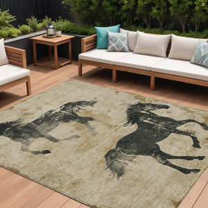 Homeroots 3' X 5' Horse Design Washable Area Rug - Stylish Indoor Outdoor Accent For Home & Patio Spaces Beige Polyester 618641