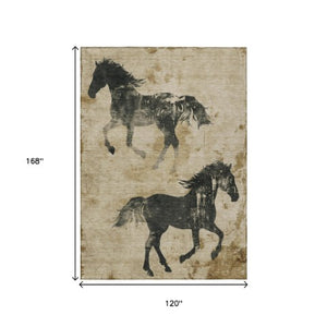 Homeroots 3' X 5' Horse Design Washable Area Rug - Stylish Indoor Outdoor Accent For Home & Patio Spaces Beige Polyester 618642