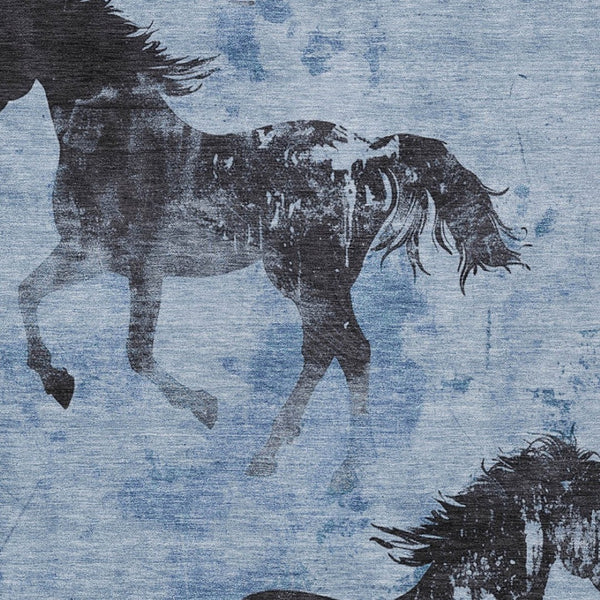 Homeroots 3' X 5' Horse Design Washable Area Rug - Stylish Indoor Outdoor Accent For Home & Patio Spaces Denim Polyester 618643