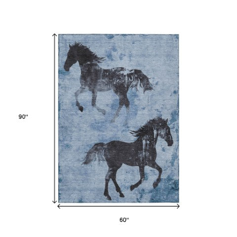 Homeroots 3' X 5' Horse Design Washable Area Rug - Stylish Indoor Outdoor Accent For Home & Patio Spaces Denim Polyester 618644