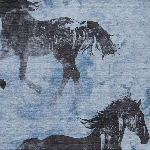 Homeroots 3' X 5' Horse Design Washable Area Rug - Stylish Indoor Outdoor Accent For Home & Patio Spaces Denim Polyester 618644